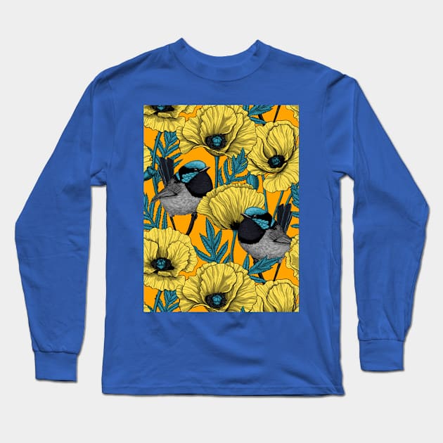 Fairy wren and poppies in yellow Long Sleeve T-Shirt by katerinamk